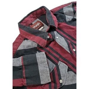 Mens Wrangler WESTERN STRIPED Flannel  Pearl Snap‎ Shirt RED  L Cotton